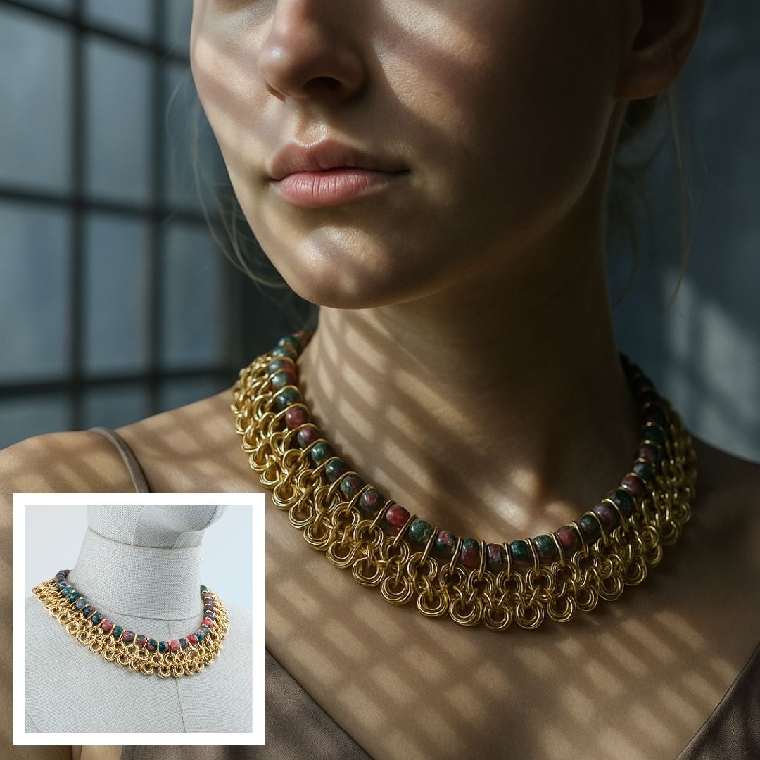 Chainmail ve Akik Detaylı Gold Kolye